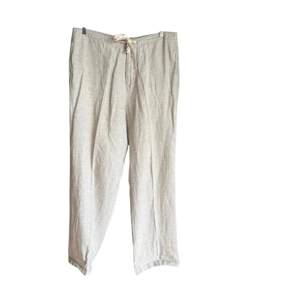 Nautica Explorer Cream Linen Loose Fit Drawstring Pants Sz L Vacation Beach Pool